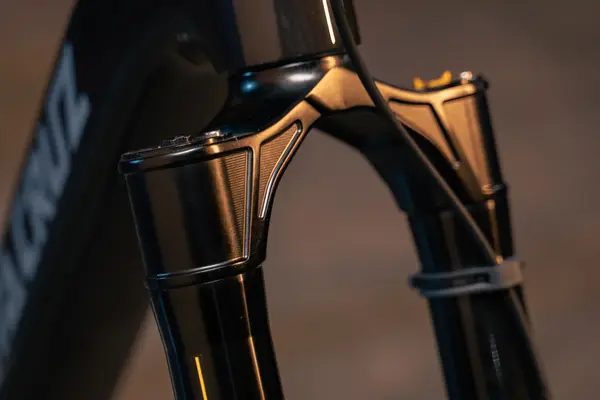 Close-up of the Invert Enduro fork crown and stanchions